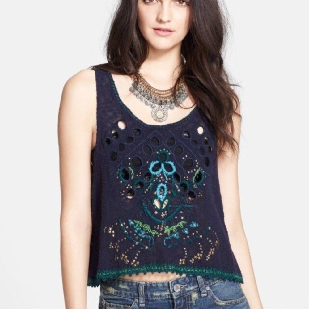 FREE PEOPLE Sweater XS DESERT WONDER Embellished Embroidered Eyelet Tank NWT
